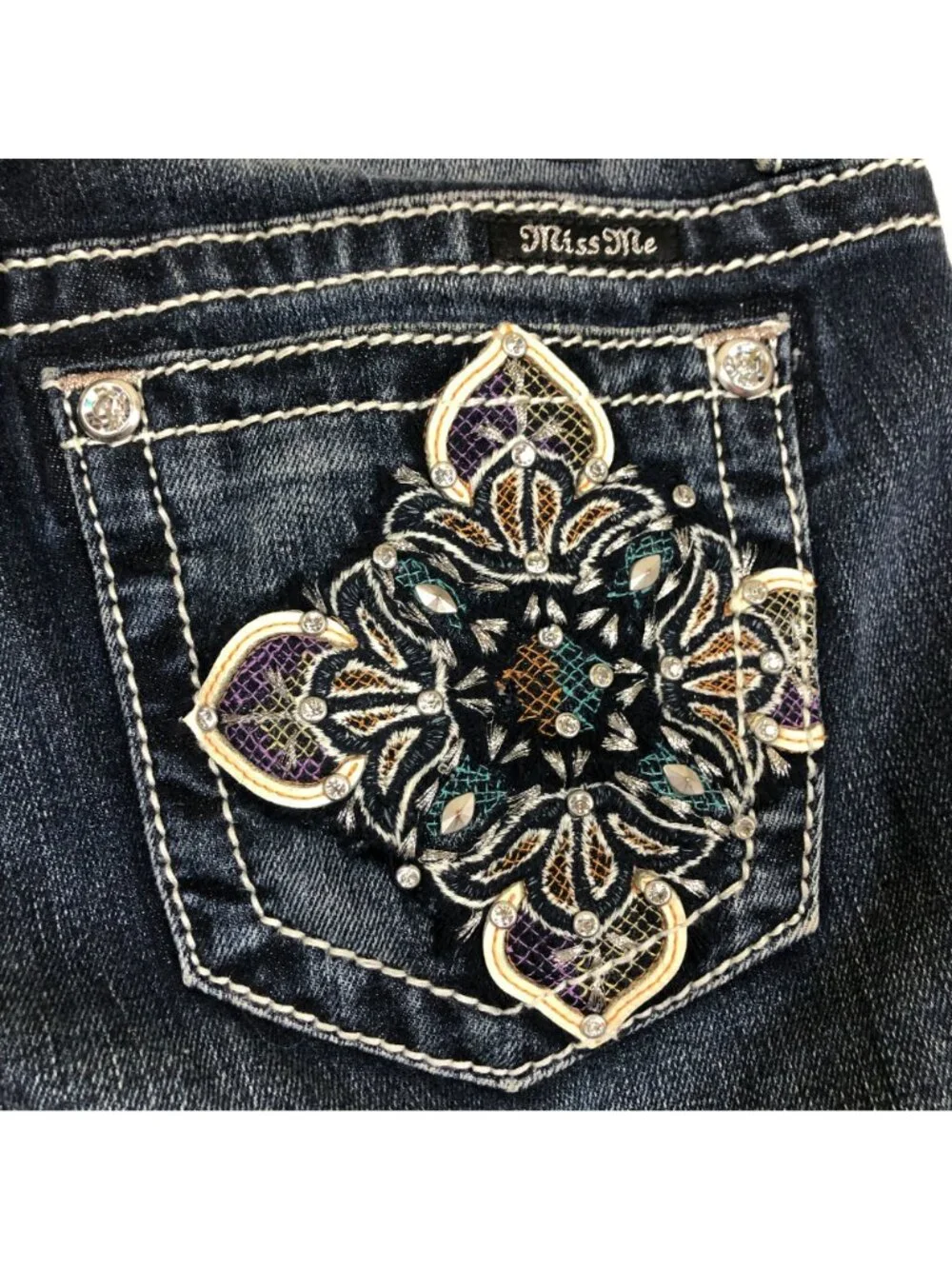 Miss Me Signature Straight Jeans Sz 26 X 33 Blue Denim Low Rise Embellished